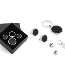 Kutulu Metal Anahtarlık Kol Düğmeli Set - Gümüş