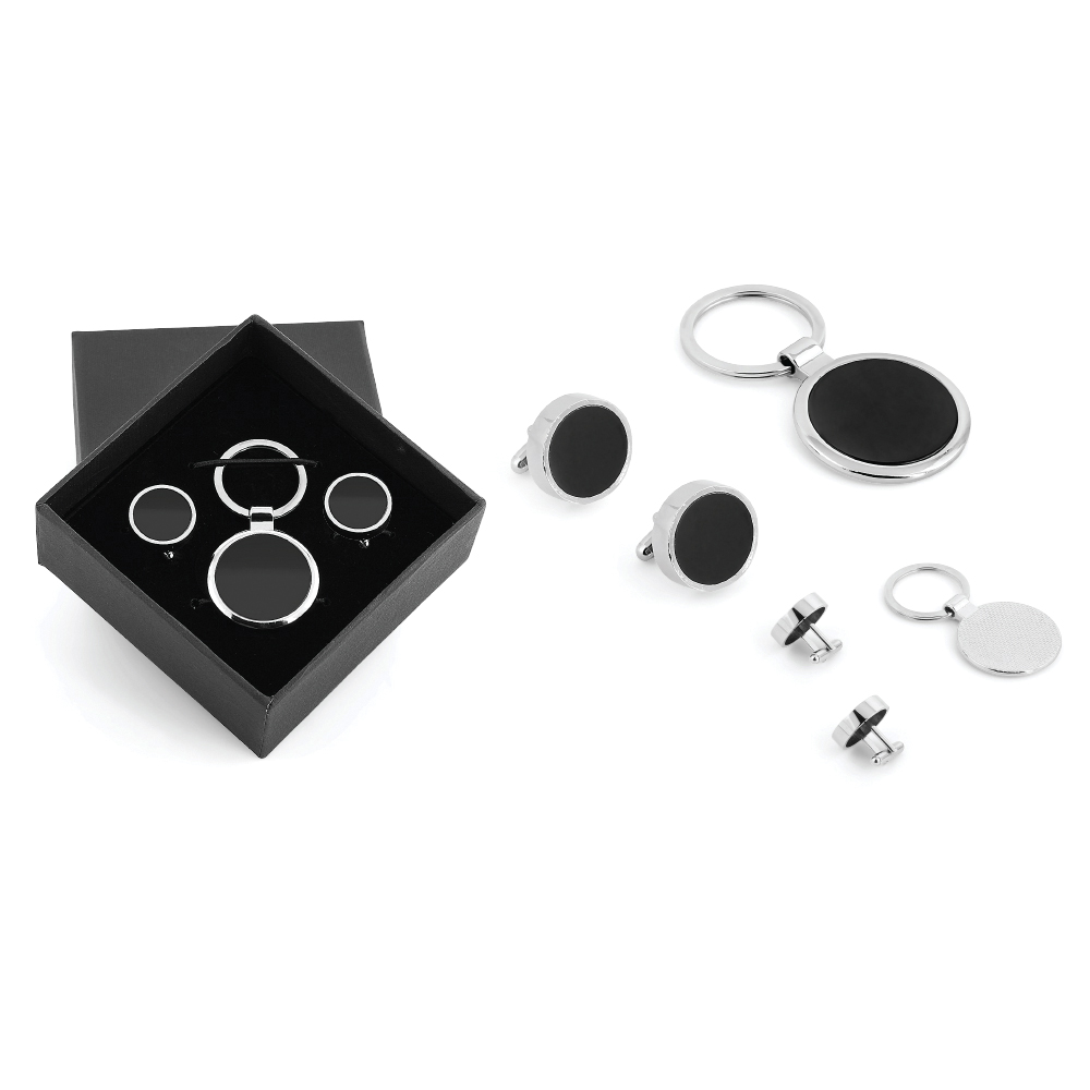 Kutulu Metal Anahtarlık Kol Düğmeli Set - Gümüş