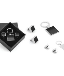 Kutulu Metal Anahtarlık Kol Düğmeli Set - Gümüş